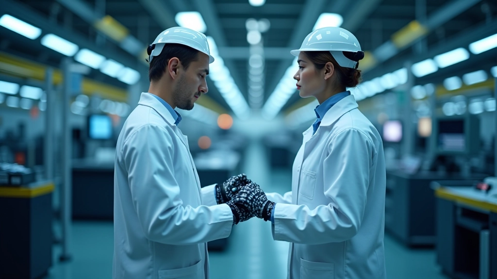 Průmyslový prostor s pokročilou robotickou automatizací a IoT senzory na výrobní lince