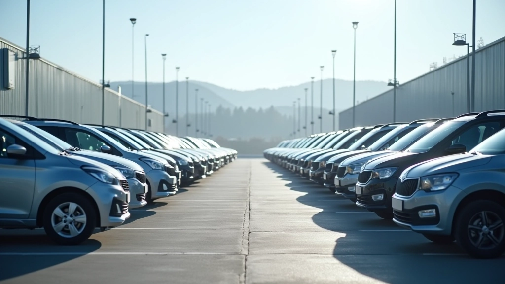 Automobilová továrna s řadami zaparkovaných osobních automobilů připravených na export