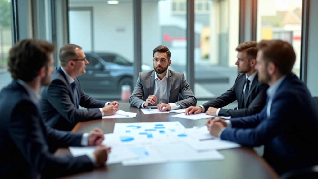 Diskuse v zasedacím sále s inženýry a vedením debatujícími o budoucnosti výroby