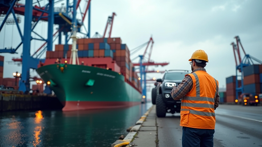 Přístav s kontejnery a vozidly připravenými na export