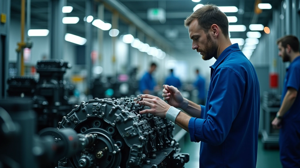 Výrobní hala s montáží motorů a komponentů, složitá technologie a precizní práce