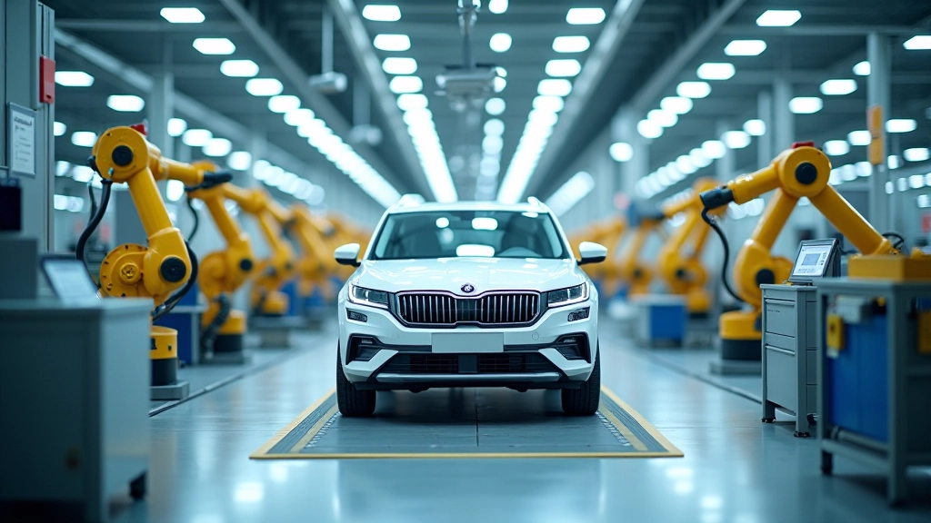 Výrobní hala s robotickými rameny a výrobními linkami připravenými pro montáž elektrických vozů