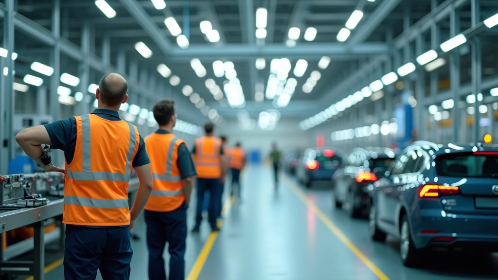 Moderní automobilová továrna se robotickými rameny a pracovníky v bezpečnostních vestách