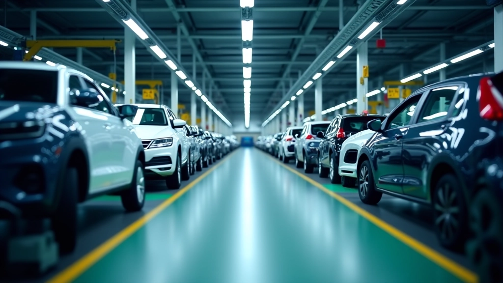 Moderní automobilový závod s výrobní linkou a robotickou manipulací