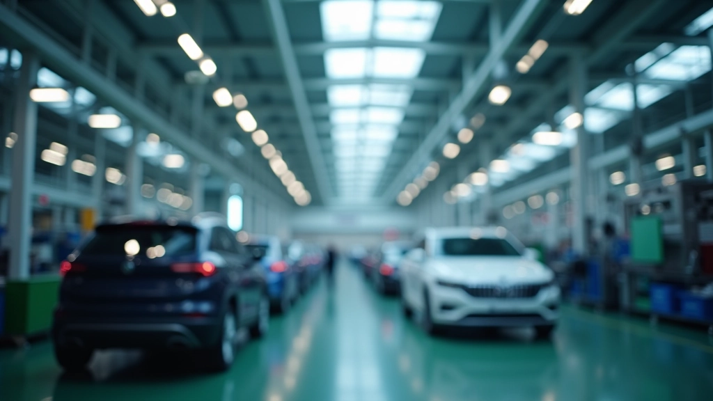 Moderní automobilový závod s výrobní linkou a přesným vybavením