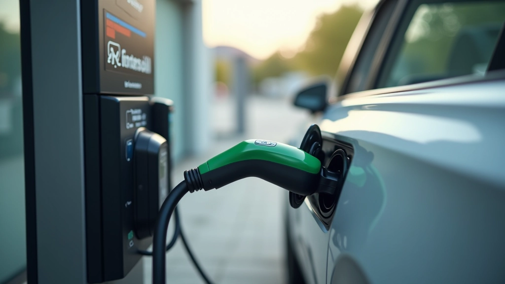 Elektromobil na nabíjecí stanici s zásuvkou připojenou k vozidlu a stavbou v pozadí