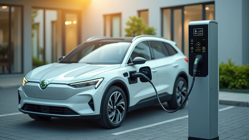 Elektromobil připojený k nabíjecí stanici s moderní architekturou