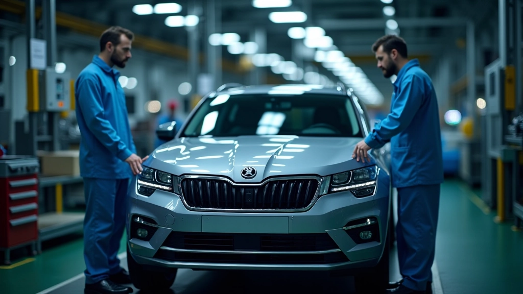 Moderní Škoda automobil na montážní lince s techniky provádějícími kontrolu kvality
