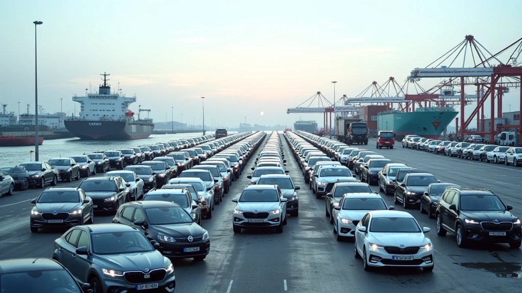 Automobily zaparkované v přístavu připravené k exportu na lodích