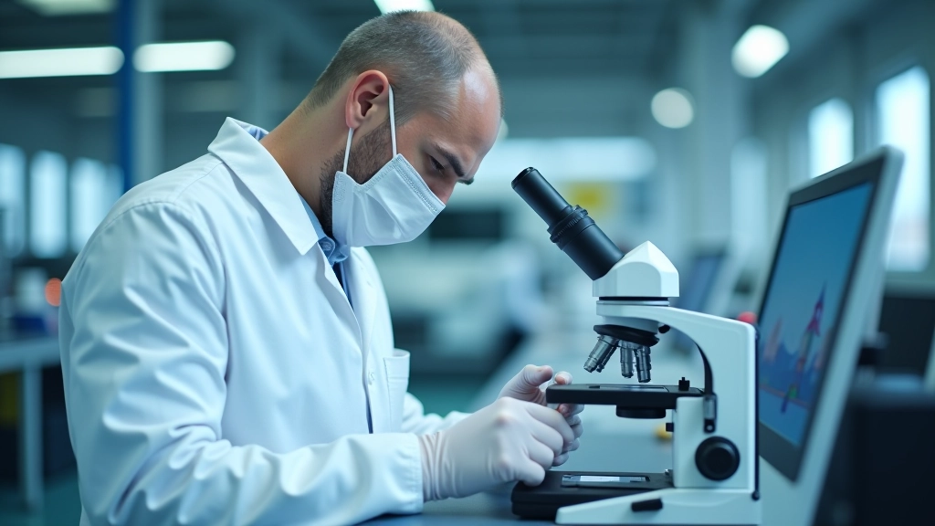 Technik v laboratoři kontroluje kvalitu součástky pod mikroskopem