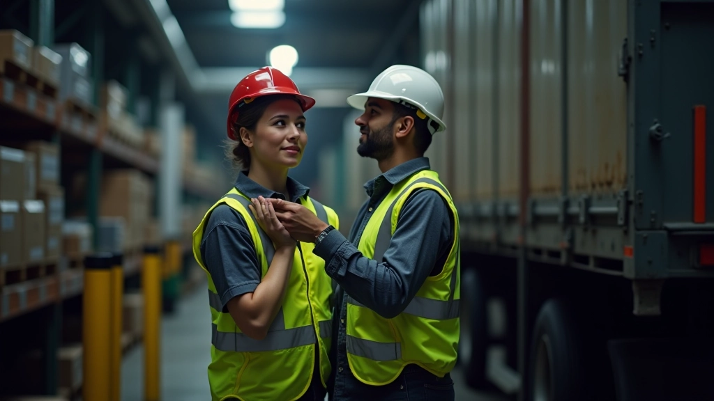 Řidiči kamionu nakládajícího součásti do přepravního kontejneru na skladě